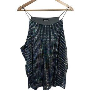 Zenobia Womens Sequin Shimmer Tank Top 2XL Blue Spaghetti Strap High Neck